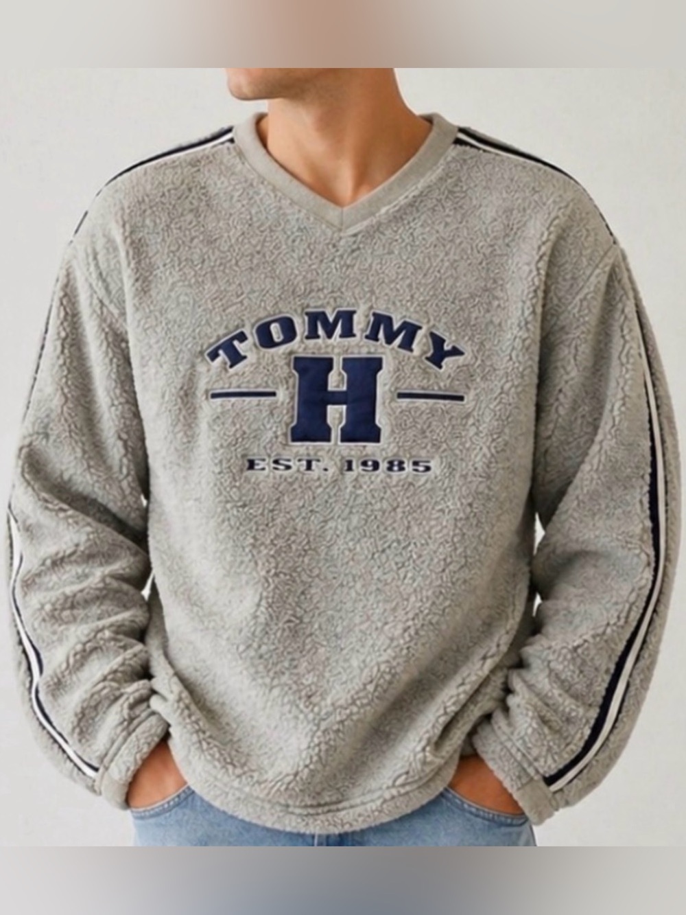 Vintage Tommy Hilfiger Fleece Sherpa  Sweatshirt Gray V-Neck